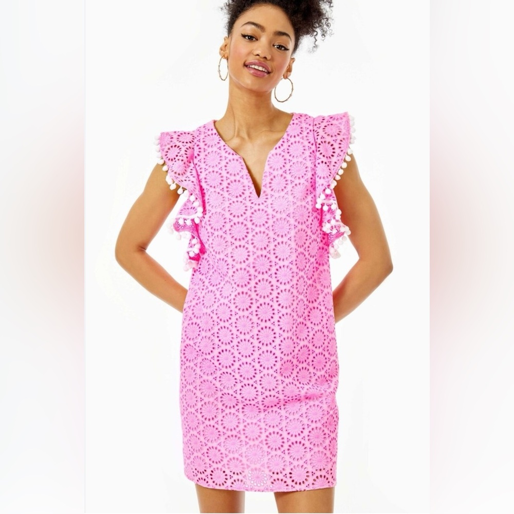 Lilly Pulitzer Pink Eyelet Ruffled Sleeve Astara Midi Dress